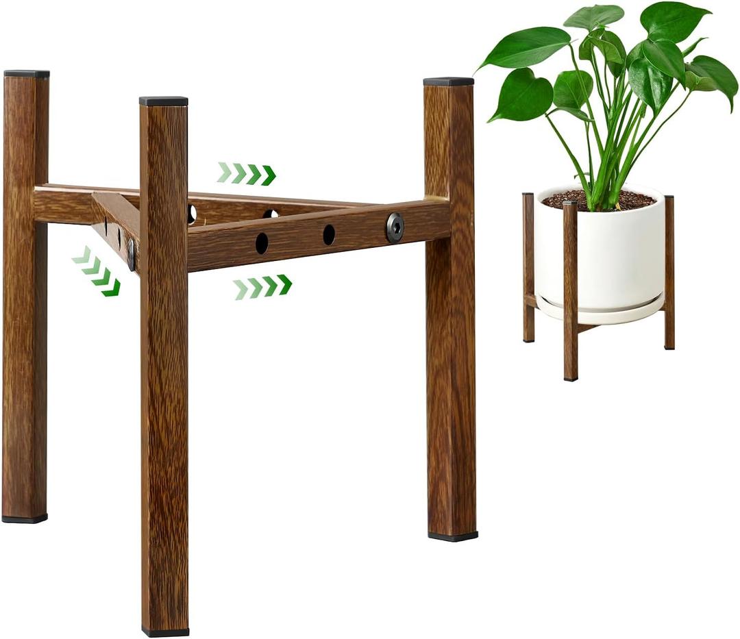 Airpark Adjustable Plant Stand Indoor, Metal Mid Century Modern Plants Stands, Stable Plant Holder Indoor Outdoor Corner, Fit 8 9 10 11 12 inch Pots,Brown Wood-Grain (Pot & Plant Not Included)
