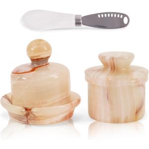 White Onyx Marble Butter Keeper and Butter Dish with Lid, Handmade French Butter Crock for Countertop, Elegant Kitchen Storage & Dining Dcor