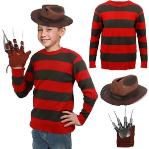 Kids Killer Costume Striped Sweater Horror Movie Freddy Outfit Accessories Hat Glove Halloween Cosplay Prop (13-14Y, 3pcs)