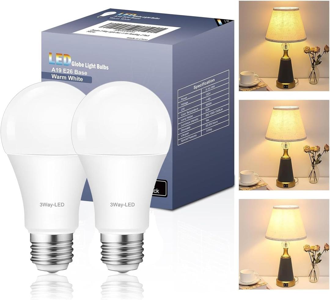 3 Way Light Bulbs 50 100 150 Warm White, A19 3000K, 5/10/15W Energy Saving 500 1000 1500 Lumens, E26 Base LED Bulbs Perfect for Reading, 2 Pack
