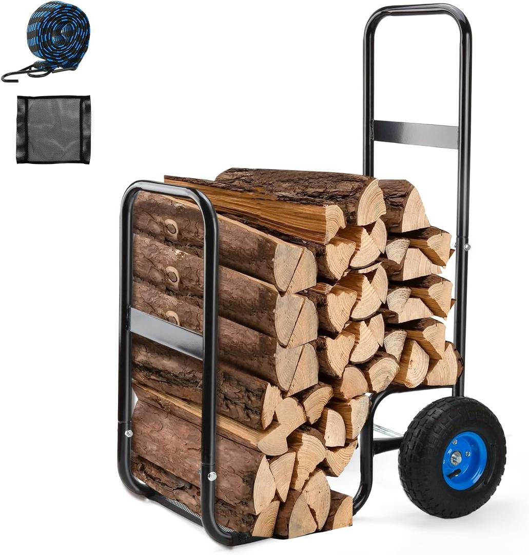 250 LBS Capacity Firewood Log Cart-Heavy Duty Steel Wood Carrier with Pneumatic Rubber Wheels for Fireplace,Fire Pit,Indoor & Outdoor(without cover)