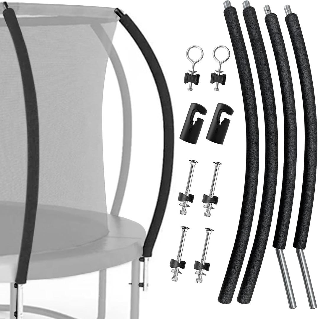 2 Sets Universal Trampoline Replacement Curved Net Pole, Curved Poles Kit for 10-16ft Frame, with Plastic Tube Cap, Mounting Hardware, Foam Cover Padding