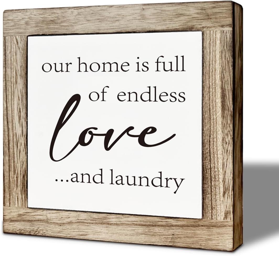 Funny Farmhouse Laundry Decor, Our Home is Endless Love and Laundry Phrase Wooden Box Sign, Freestanding Bathroom Decor, Square Wood Block Sign Table Decorative 5.95.9 inch