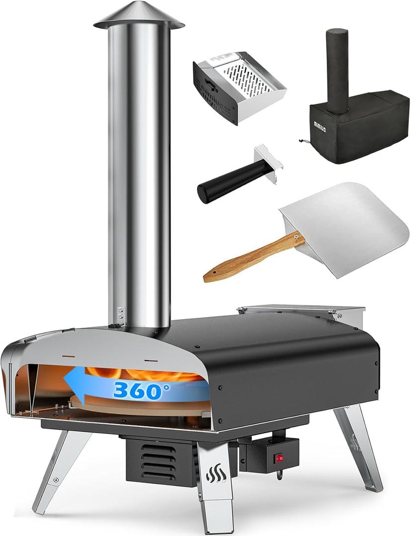 Outdoor Pizza Oven Wood Pellet Fired Pizza Stove with Automatic Rotating System, Pizza Stone, Pizza Peel and Carry Bag (Tisserie W-Oven Series) - Global Patent (Black)