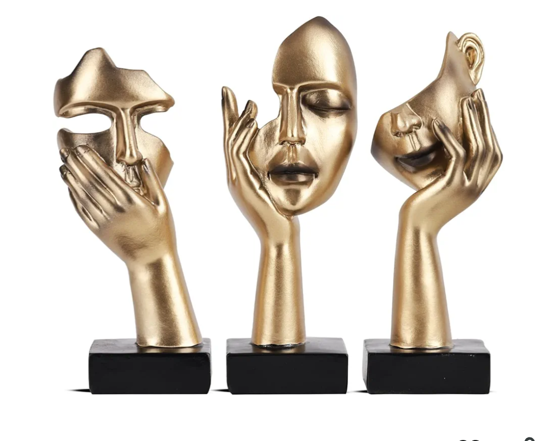 3Pcs Thinker Small Statue Set - Black Gold Home Decor Abstract Art Figurines for Shelves, Living Room Coffee Table, Office Desktop (3 Pcs Gold, 6")