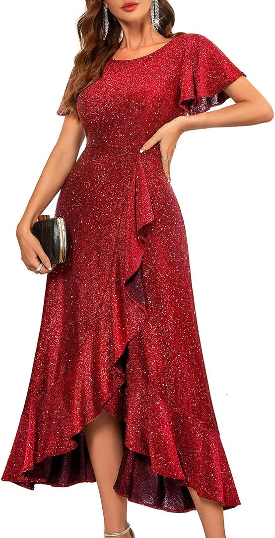 BeryLove Women Sequin Formal Party Dress Flutter Short Sleeve Wedding Cocktail Long Evening Dress (Red, M)