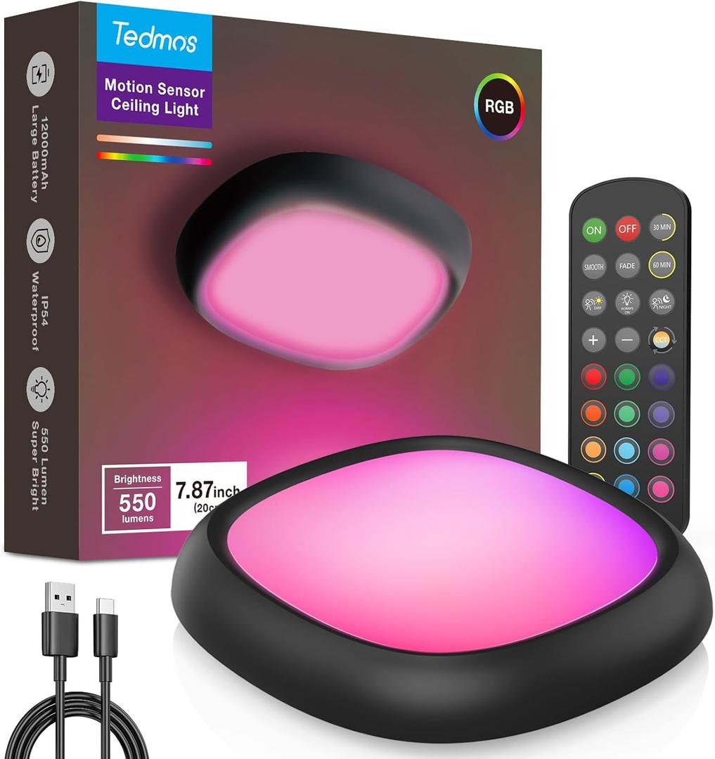 Rechargeable Ceiling Light Bundle, Waterproof Shower Light with Motion Sensor, 1x 3-CCT White & 1x RGB Color Changing for Bathroom, Garage, Closet