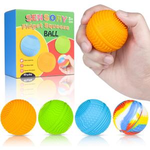Sensory Fidget Squeeze Balls 4 Pack for Kids & Adults, Silicone Quiet Desk Green Toys with Textured, Christmas Stocking Stuffers Gift for Party Favors Autism Stress Relief, BPA Free