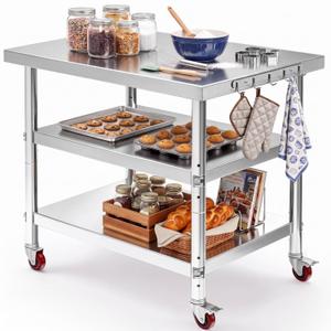 Zhengmy Stainless Steel Table 30x24 Inch Worktable with Wheels, 3 Adjustable Shelves Metal Prep Workstation for Home Restaurant Kitchen Hotel Garage Warehouse Outdoor