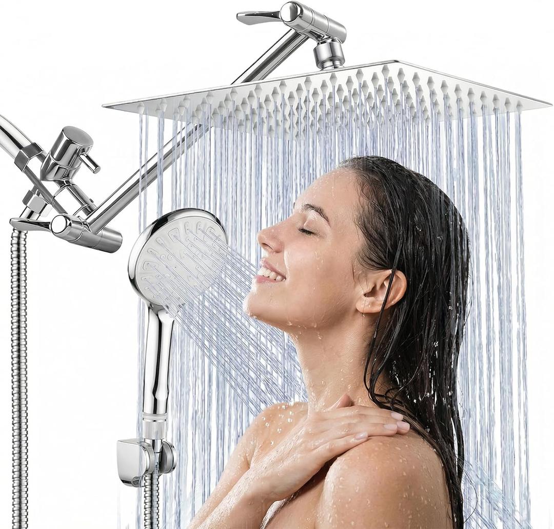 Shower Head, 8 Inch High Pressure Rainfall Shower Head/Handheld Shower Combo with 11 Inch Extension Arm, 9 Settings Adjustable Anti-leak Shower Head with Holder/Hose, Height/Angle Adjustable