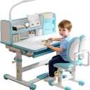 Kids Study Desk and Chair Set 3-18 Years Ergonomic Height Adjustable Children School Study Desk with Tilt Desktop, Drawer Boy and Girl Table and Chair Set 3 Modes Light (Blue)