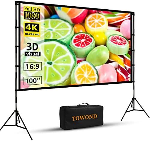 TOWOND Projector Screen with Stand, 100 inch Outdoor Projector Screen Portable Indoor Projection Screen 16:9 4K Rear Front Movie Screen with Carry Bag for Home Backyard Theater