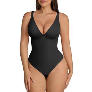 FeelinGirl Shapewear Bodysuits for Women Tummy Control Body Suits Deep V Neck Thong Body Shaper (XX-Large, Black)