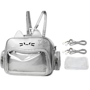 Kawaii Ita Bag Cat Backpack Y2k Girl Japanese School Bag Anime Shoulder Crossbody with Pin Display (Silver)