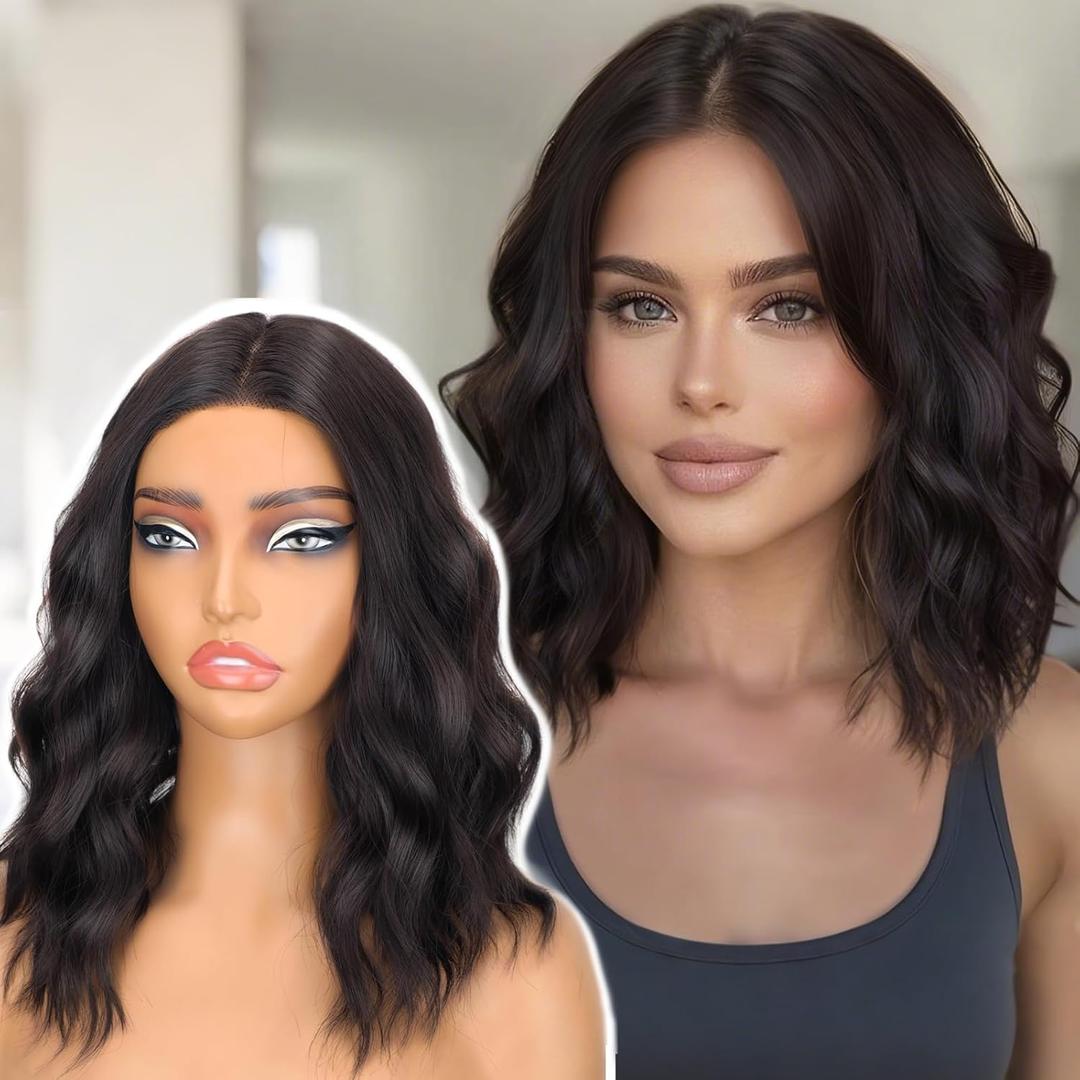 AISI HAIR 14 Inch Auburn Wigs for Women - Shoulder Length Wave Wig with Pre-Cut Lace Hairline, Middle Part Natural Wavy Bob Synthetic Heat Resistant Fiber for Daily and Party