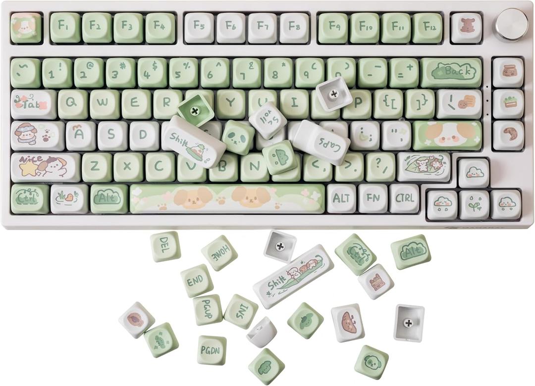 GK GAMAKAY 132 Keys Green White Keycaps Set, MOA Profile PBT Five-Sided Thermal Sublimation Cute Puppy Keycap for 61/68/75/80/84/87/98/104/108 Layout Mechanical Gaming Keyboard (Green)