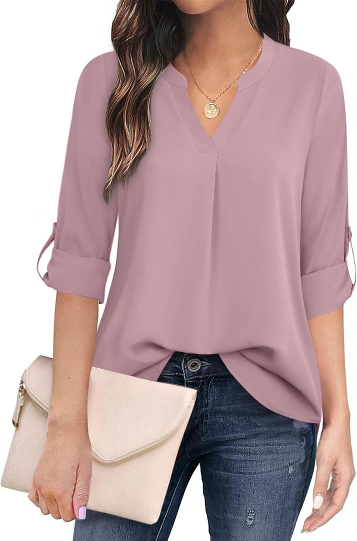 Timeson Women's Casual Chiffon V Neck 3/4 Sleeve Blouse Tops (Small, Dark Pink)