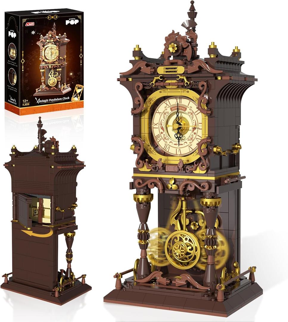 Vintage Swing Clock Building Blocks Set, Real Working Moving Pendulum & Rotating Dial, Mechanical Building Blocks Toys, Gift for Adults Teens Girls Boys 12+, Retro Steampunk Home Decor