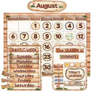 Fancy Land Rustic Classroom Calendar Bulletin Board Set Wood Grain Design Classroom Bulletin Board Decoration 97 Pcs, 23 x 17 inches