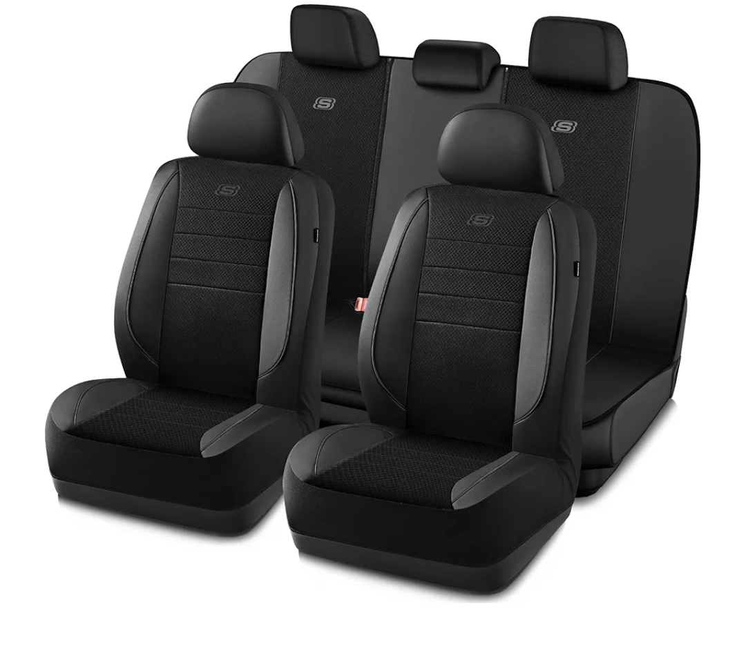 Skechers Air-Cooled Memory Foam Seat Covers,Mesh Thick Car Seat Covers,Piping Leather Car Seat Cover,Airbag Compatible,Automotive Comfort for Most Cars, Vans, Trucks, SUV(Black, Full Set)