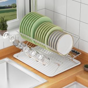 Dish Rack with Drip Tray, Stainless Steel 3-Tier Collapsible Drainer Dish Drying Rack for Kitchen Counter, Sink, Countertop,Cutlery, Dishes Utensils Flatware Holder Set, Reversible Cup Draining Rack