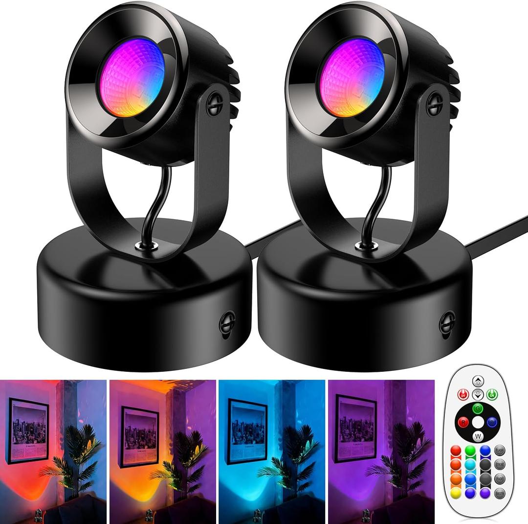 7W RGBW Uplights Indoor, Spotlights Indoor Christmas LED Color Changing Uplights Indoor with Remote Dimmable Function Memory Feature LED Ambient Lighting for Party,Bar,Esports Room,2 Pack