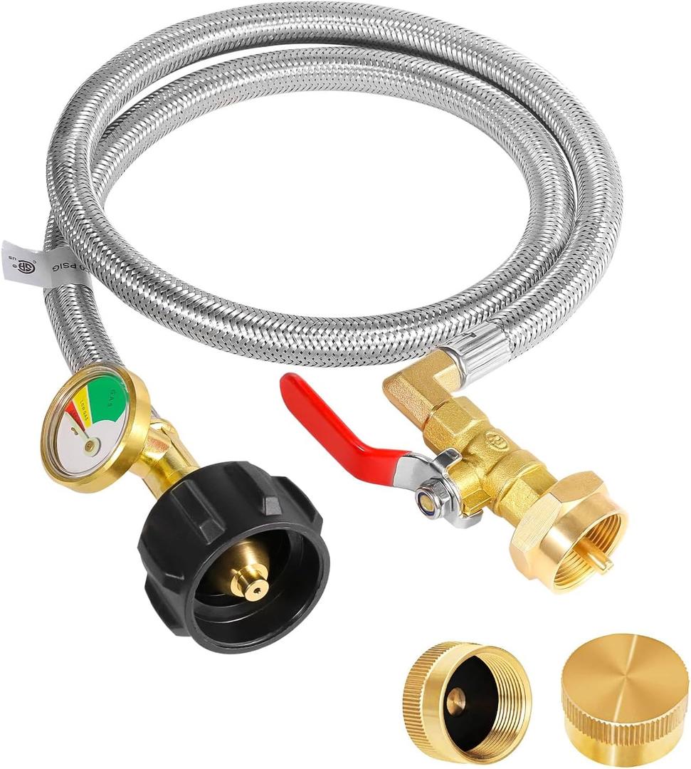 Propane Tank Adapter for 1 lb. Tanks,Upgrade 3 FT/36inch Propane Tank Refill Adapter Stainless Steel Hose with Gauge and ON-Off Control Valve, Fits QCC1 / Type 1 Propane Tank, 2 Caps Included
