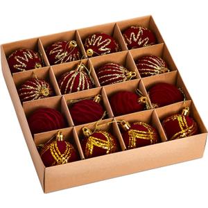 Athoinsu 16 Pack Velvet Christmas Ornaments 2.36 Inch Red Flocked Christmas Balls Shatterproof Holiday Tree Decorations with Gold Glitter Designs and Hanging Strings for Christmas Tree Decor