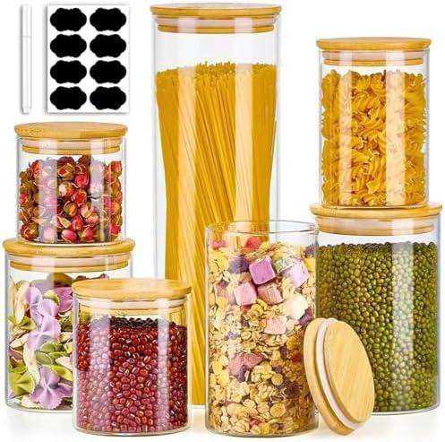 Meolibour 7 Pack Thicker Glass Food Storage Jars with Airtight Bamboo Lids, Clear Glass Storage Containers, Glass Canisters Set for Pasta, Nuts, Coffee Beans, Kitchen Pantry Organization Jar, BPA Free