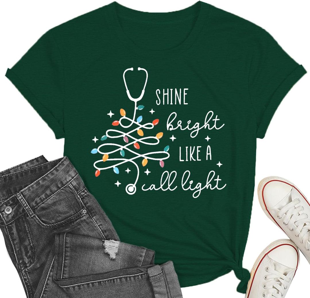 Christmas Shirts for Women Nurse Christmas Tee Shirt Christmas Light Tops Christmas Nurse Vacation Tee (Green, M)