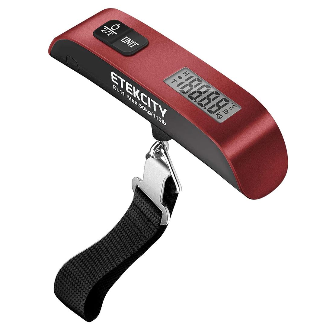 Etekcity Luggage Scale, Digital Weight Scales for Travel Accessories Essentials Suitcases , Portable Handheld Scale with Temperature Sensor, Rubber Paint, 110 Pounds, Battery Included (Claret Red)