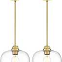 AUTELO 2 Pack Gold Pendant Lights, Glass Pendant Lights Kitchen Island with Clear Drum Glass, Industrial Pendant Ceiling Lights with Adjustable Rods for Kitchen Dining Room Bar, H9385 BG-R-2PK
