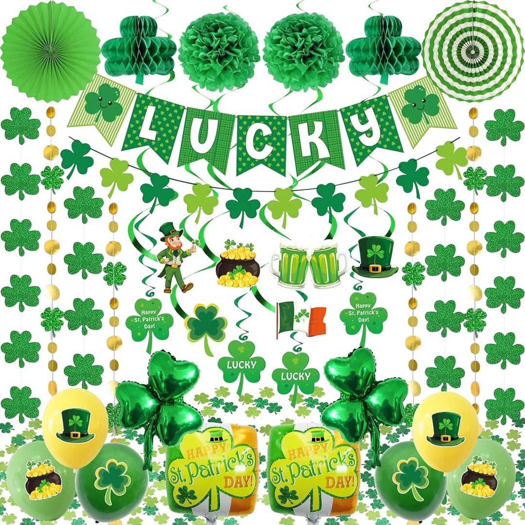 103 PCS St. Patricks Day Decorations Kit Party Supplies Set, Shamrock Hanging Swirl, Lucky Banner, Clover Garland, Balloons & Table Confetti for Irish St Patricks Day Home Party Decor (Green)