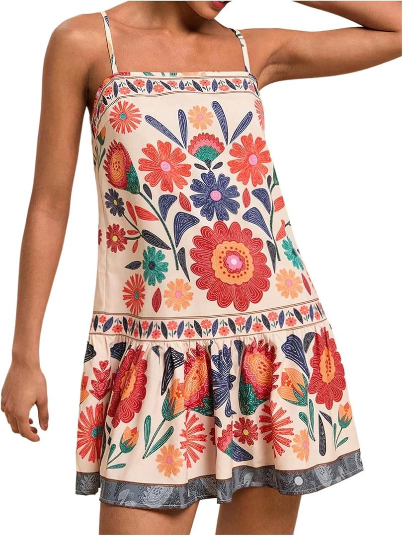 Women's Floral Boho Flowy Mini Cami Dress Ruffle Hem Spaghetti Strap Vacation Tank Dresses (Multicolor), S