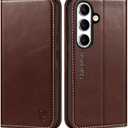 SHIELDON Case for Galaxy S25 5G, Genuine Leather Folio Wallet Magnetic Kickstand RFID Blocking Card Slots Shockproof Full Protection Cover Compatible with Galaxy S25 6.2" 2025 - Retro Coffee