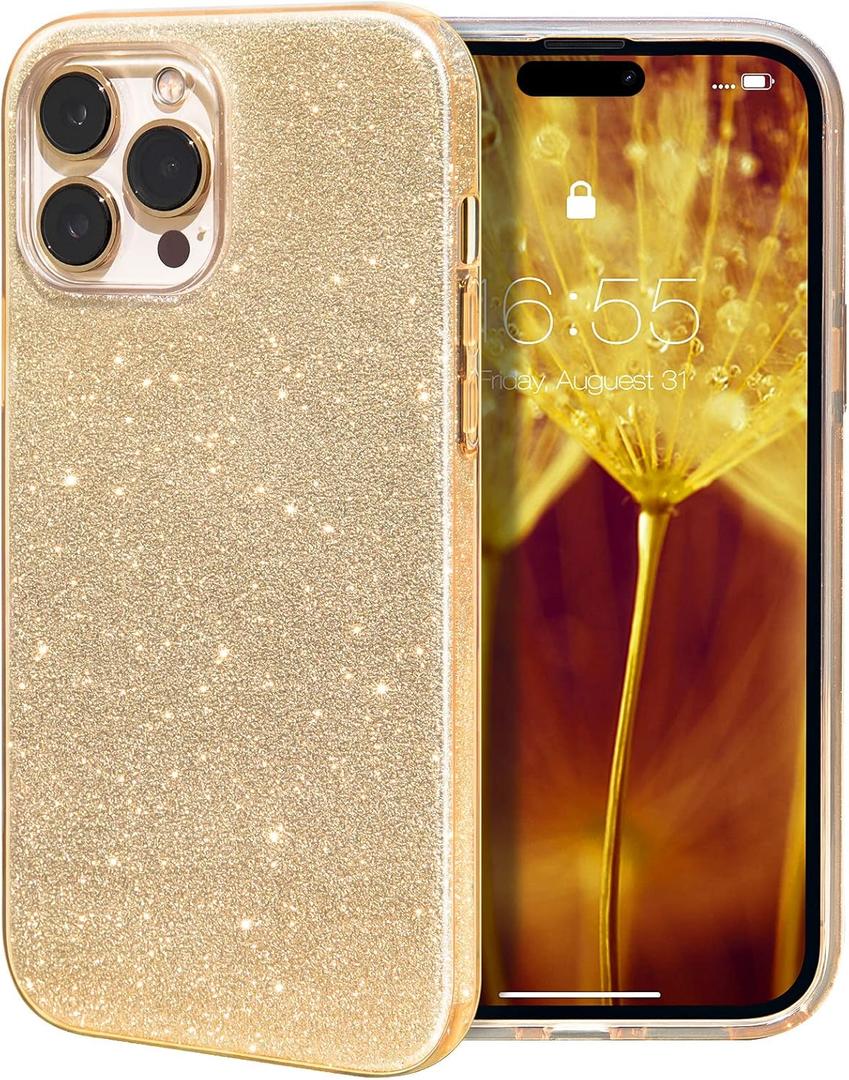 MILPROX Compatible with iPhone 14 Pro Max Case (2022), Glitter Sparkly Shiny Bling Rubber Gel Shell Cases 3 Layers Shockproof Protective Bumper Cover for iPhone 14 Pro Max 6.7" 2022 - Gold