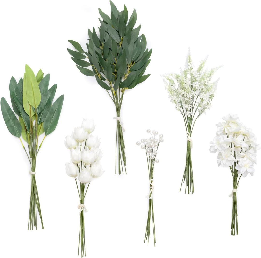 Ling's moment Artificial Greenery Stems Box Set, 86pcs with 6 Kinds of Faux Greenery Picks for DIY Bridal Bouquets, Wedding Floral Arrangement Table Centerpieces, Green & White