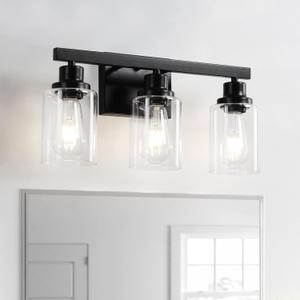3-Light Bathroom Light Fixtures, Black Bathroom Vanity Light with Clear Glass Shade, Modern Bathroom Wall Lights Over Mirror, Farmhouse Wall Sconces Lighting for Bedroom LivingRoom