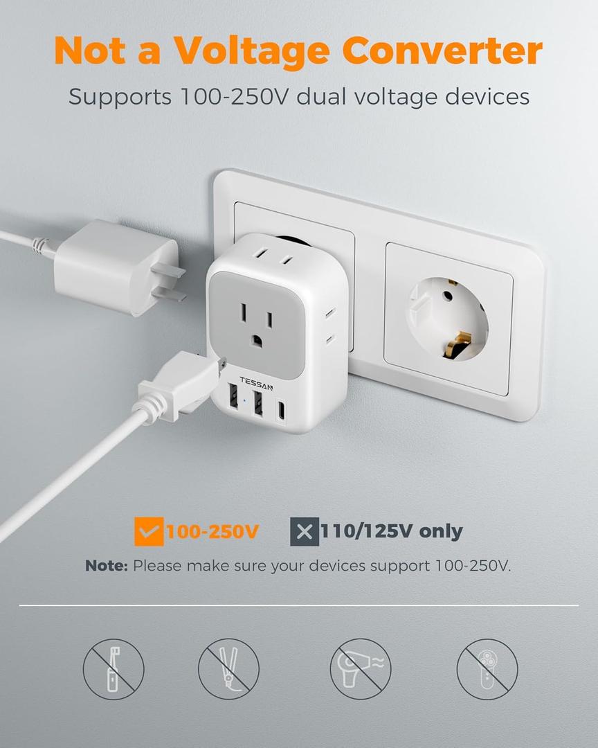 1 Pack European Plug Adapter USB C, TESSAN US to Europe Adapter 4 Outlets 3 USB Charger, Type C International Power Adaptor to Italy Spain France Portugal Iceland Germany, Europe Travel Essentials