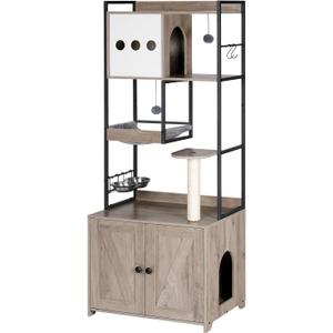HOOBRO Cat Tree with Litter Box Enclosure, 58.7" H Cat Tower with Hidden Litter Box Furniture, with Scratching Post, Step, Hammock, Multifunctional Pet Furniture with Food Bowls, Greige BG30MZ03G1
