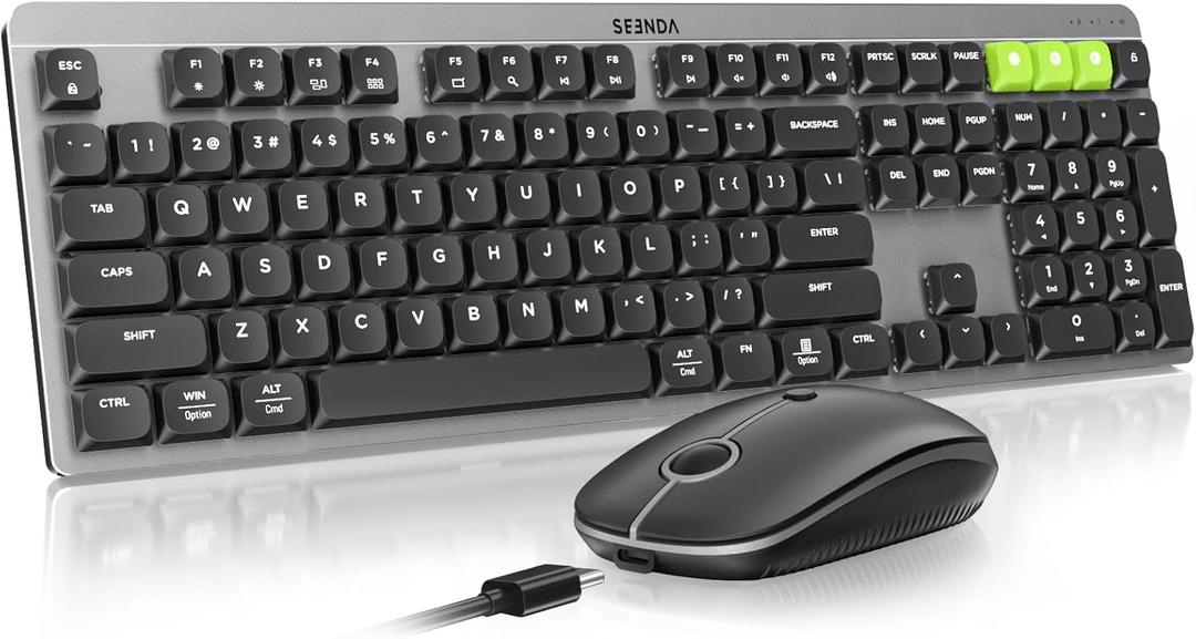 seenda Bluetooth Mechanical Keyboard and Mouse, 3 Device Connection Rechargeable Mouse and Keyboard, Full-Size Wireless Keyboard Mouse Compatible for Windows/Laptop/PC/MacBook/Mac, Black Gray