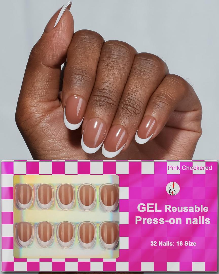 3 x 16 Sizes Short Oval Press on Nails, French Tip Short Round Reusable 32pcs Glossy Gel Fake Nails with Glue and Jelly Stickers (Brown French)