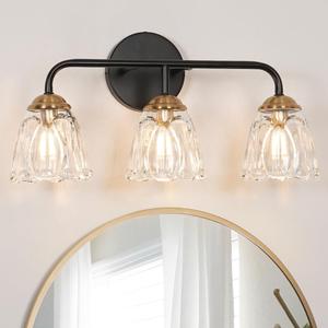 Vintage 3 Light Vanity Light, Black and Gold Bathroom Vanity Light Fixtures, Bathroom Light Fixtures with Glass Shade, Antique Vanity Light Fixtures Over Mirror, Wall Sconce for Bedroom, Living Room (18.1 in)