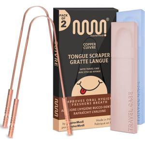 MasterMedi Tongue Scraper with Case Easy to Use Tongue Scraper for Adults, Tongue Cleaner for Oral Care & Hygiene Copper Set of 2 (with Travel Case)