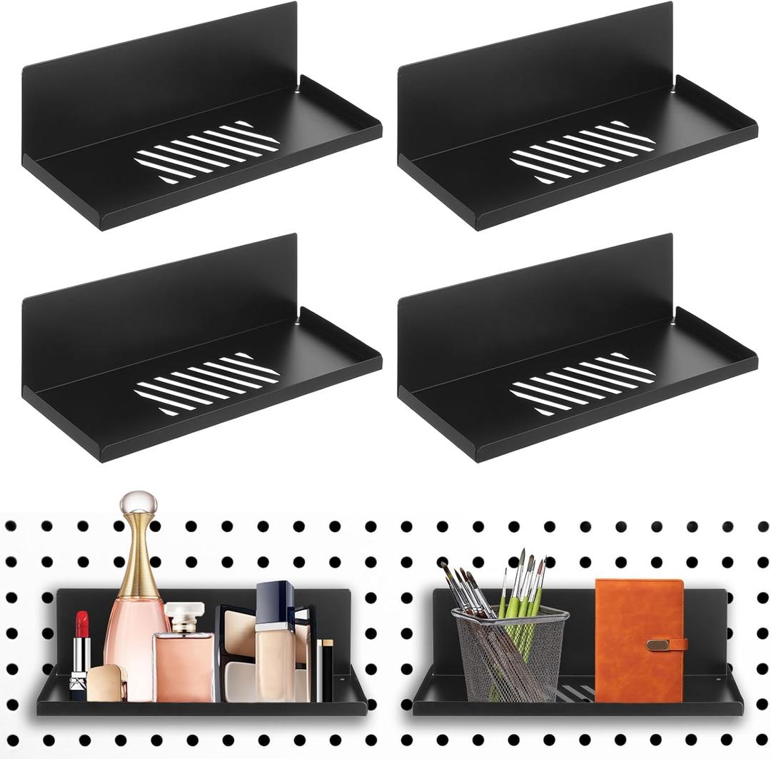 4 Pack Magnetic Pegboard Shelves Wall Organizer Metal Peg Board Shelf Pegboard Steel Tray Pegboard Accessories Organizing Tools for Craft Home Kitchen (Black,12 x 4.8 x 3.6 Inches)