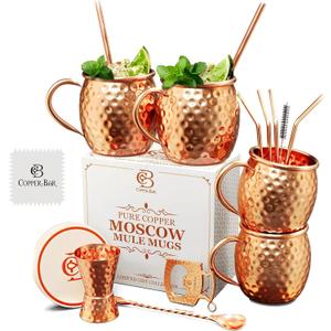 COPPER-BAR Moscow Mule Copper Mugs - Unique HANDCRAFTED Gift Set of 4, Hammered by Artisan, 100% Pure Solid Copper Cups 16oz for Drinking Water & Cocktails, Include 19 Pcs accessories & Special Opener
