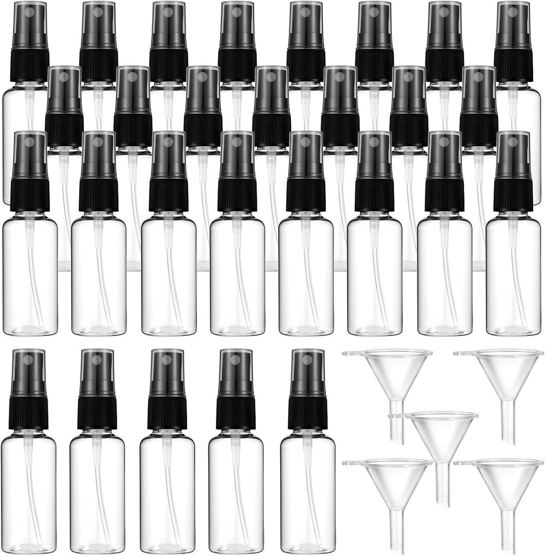 100 Pcs Mini Clear Spray Bottles 1 oz/30ml Clear Fine Mist Spray Bottle with 5 Pcs Funnels Plastic Empty Refillable Spray-Bottle for Cleaning, Plants, Misting, Skin Care