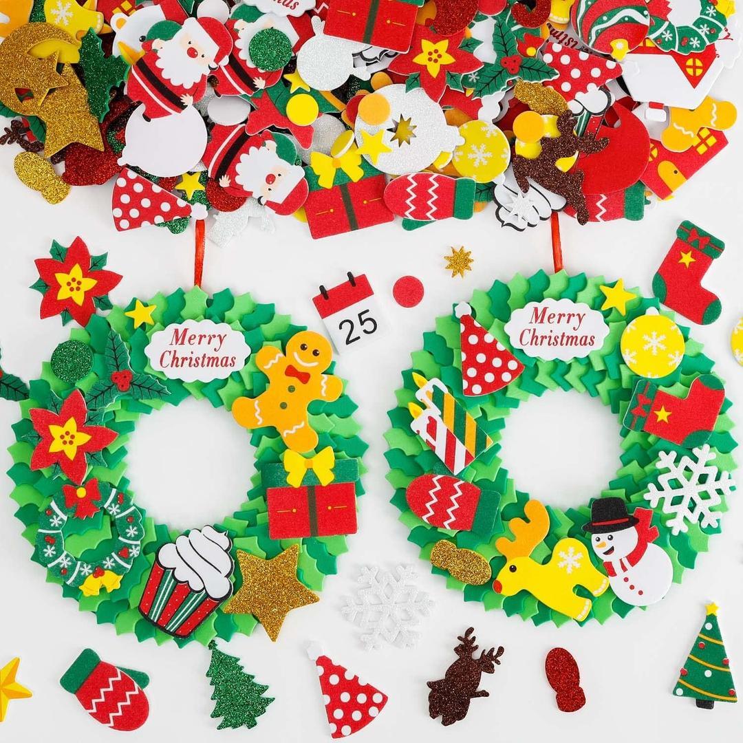 15 Sets DIY Christmas Foam Wreath Crafts Kits Decorations Self Adhesive Xmas Sticker Santa Holly Leaf for Kids Party Favors Fun Classroom Home Activities