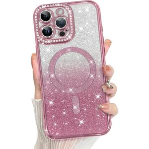MZELQ Compatible with iPhone 16 Pro Case Plating Magnetic [Support for Magsafe] Bling Glitter Sparkly Back Diamond Camera Lens Cover Crystal Matte Luxury Case for Girls Women -Pink