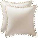 DEZENE Couch Pillow Covers 18x18 Beige: 2 Pack Cozy Soft Pom-poms Velvet Square Throw Pillow Cases for Farmhouse Home Decor